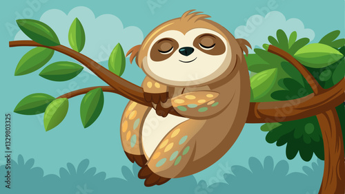 sleepy sloth hanging lazily from a tree branch, with a gentle smile on its face.