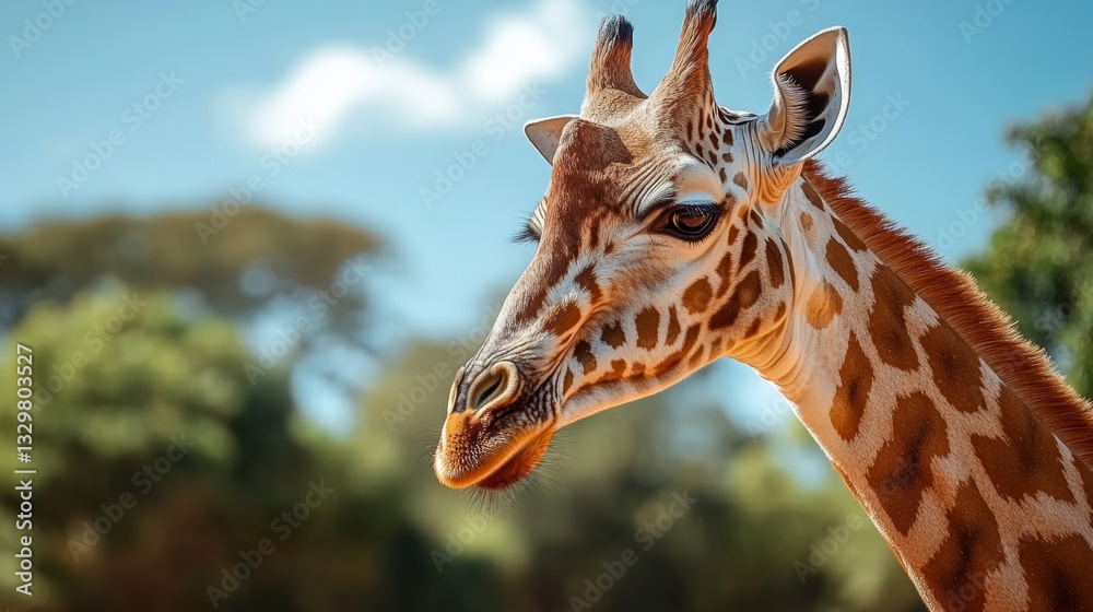 Obraz premium Giraffe is standing in a forest with trees in the background. The giraffe is looking directly at the camera