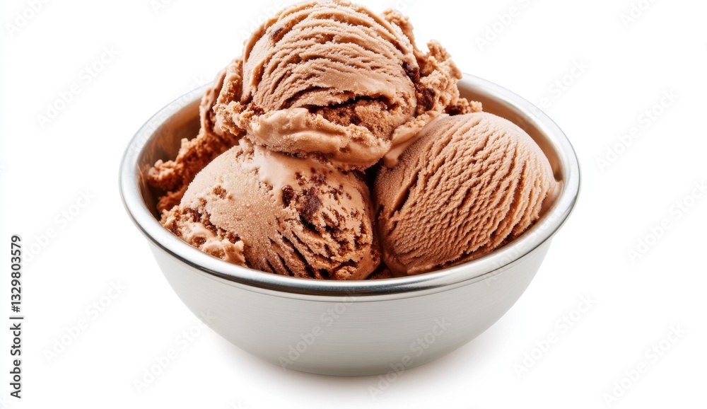 Three Scoops of Creamy Chocolate Ice Cream in Metal Bowl Three Scoops of Creamy Chocolate Ice Cream in Metal Bowl