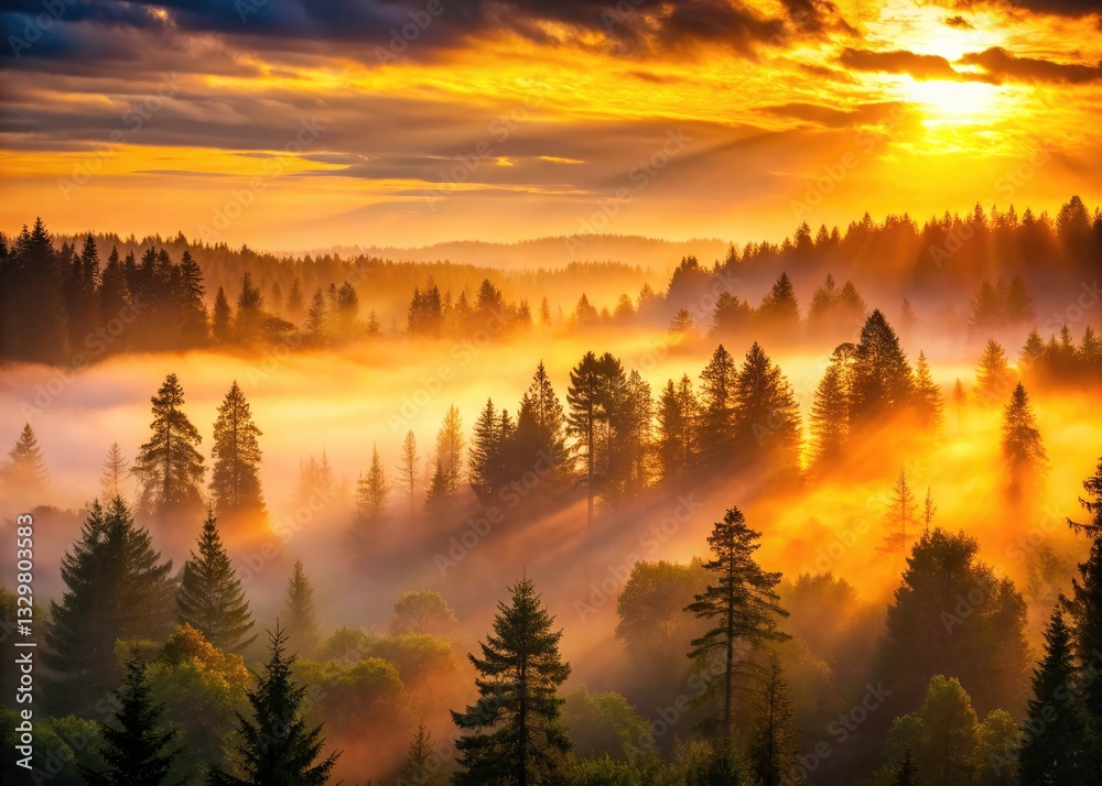 Fototapeta premium Serene Dawn Forest Sunrise, Layered Trees, Silhouette Photography, Breathtaking Landscape, Golden Hour