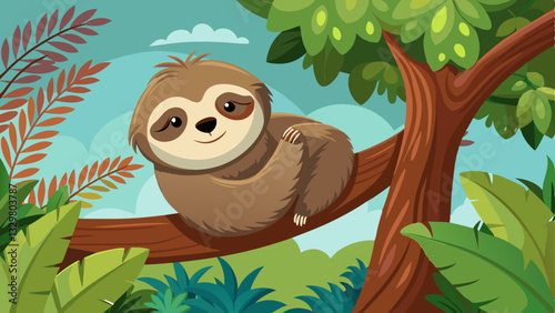 sleepy sloth hanging lazily from a tree branch, with a gentle smile on its face.