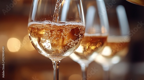 pouring white wine into glasses at a wedding, celebration
