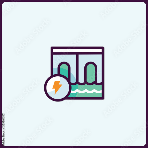 Clean energy hydropower station icon with lightning bolt, sustainable power source