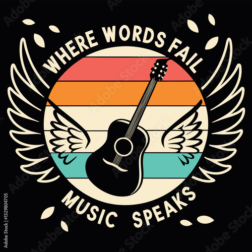 Where Words Fail Music Speaks T-Shirt Design - Guitar with Wings Graphic Tee for Music Lovers and Inspiration