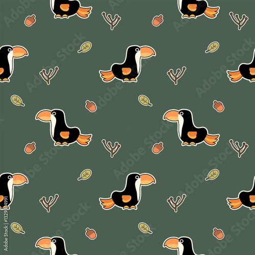 Hornbill cartoon so cute. On acorn leaf green background. Pattern seamless vector illustration. 