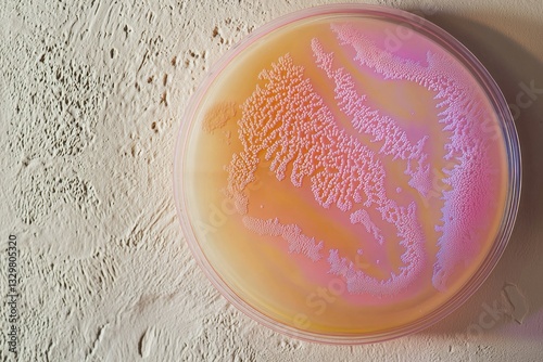 Bacterial colony growth on agar plate showing unique patterns and textures.