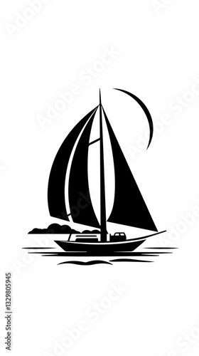 Black and white illustration of a sailing yacht. Sailboat.