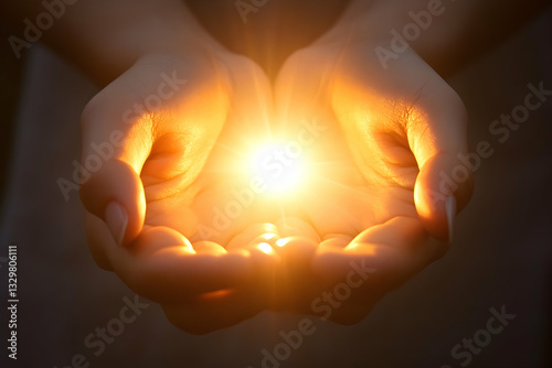 Two hands holding together with sunlight shining through, symbolizing unity and warmth