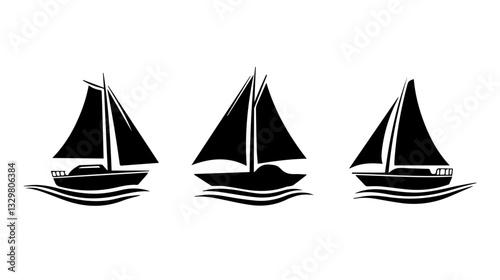 Black and white illustration of a sailing yacht. Sailboat.