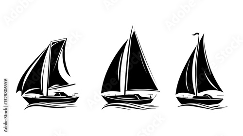 Black and white illustration of a sailing yacht. Sailboat.