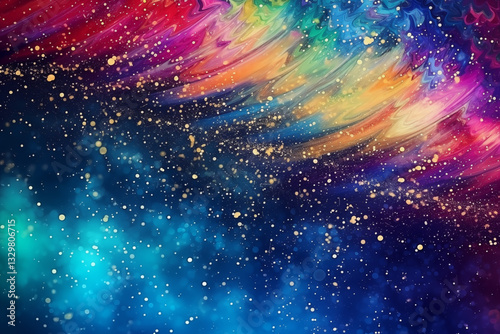 A rainbow colorful background of wave brushes paint with colorful little glitter confetti stars shape falling
