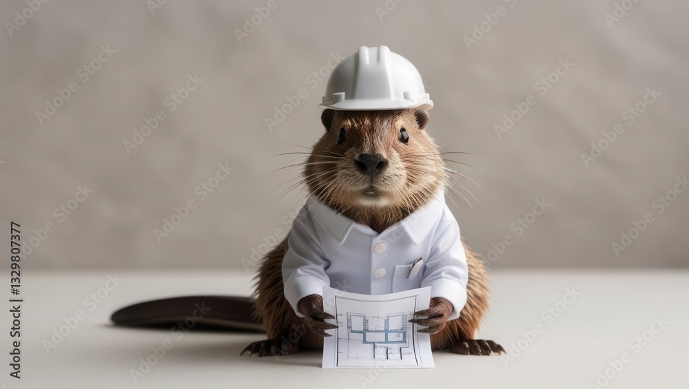 Fototapeta premium A beaver dressed as an engineer, holding blueprints, showcasing creativity in animal portrayal.