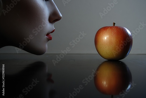 Woman facing apple, reflection, on dark glossy table