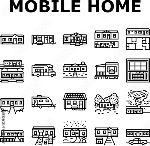 mobile home trailer, camper icons set vector