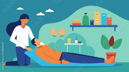 A tranquil setting in a community health center as a person receives acupuncture as part of their selfcare routine for mental and physical wellbeing.. Vector illustration