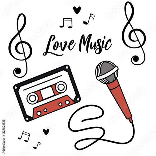  Love Music T-Shirt Design - Retro Cassette Tape Microphone and Musical Notes Graphic Tee for Music Lovers