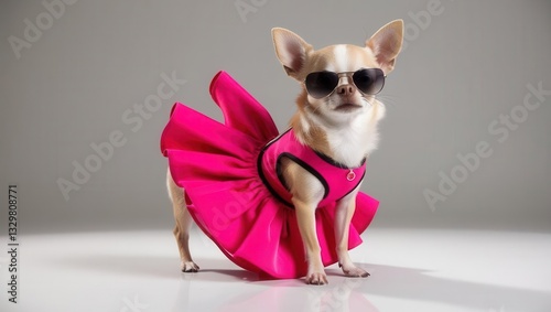 Cute chihuahua in a diva's pink dress and sunglasses, posing dramatically