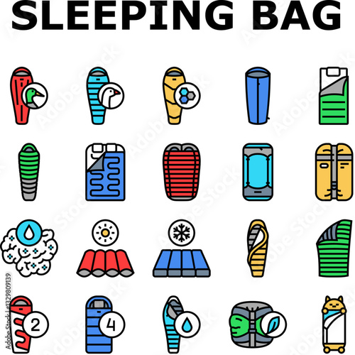 sleeping bag camping hiking icons set vector