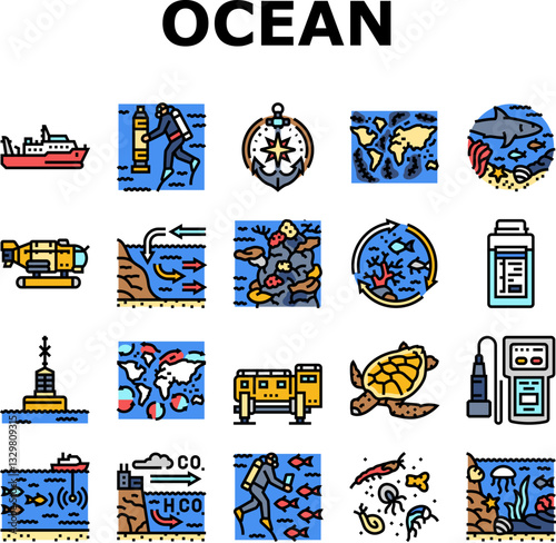 world ocean marine biodiversity icons set vector