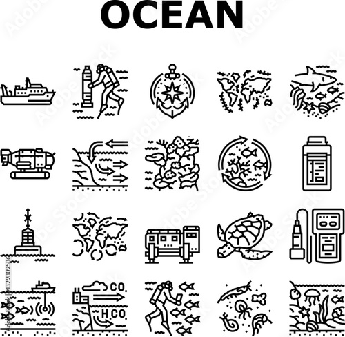 world ocean marine biodiversity icons set vector