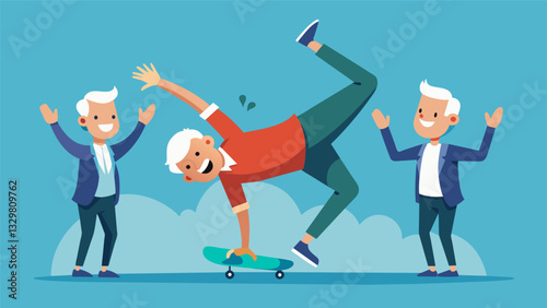 A silverhaired gentleman confidently performing a handstand on his skateboard while his fellow senior skateboarders cheer him on.. Vector illustration