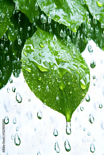 Fresh green leaves glistening with water droplets photo