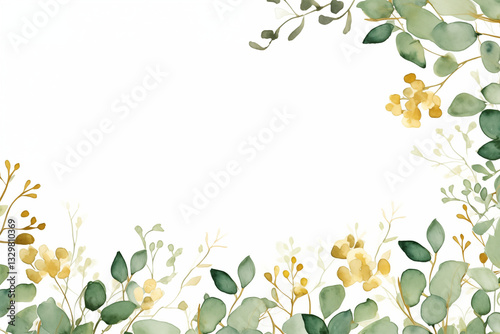 A frame border banner of Watercolor hand painted green eucalyptus plants with golden wild flowers on natural background for invitations and greeting cards,