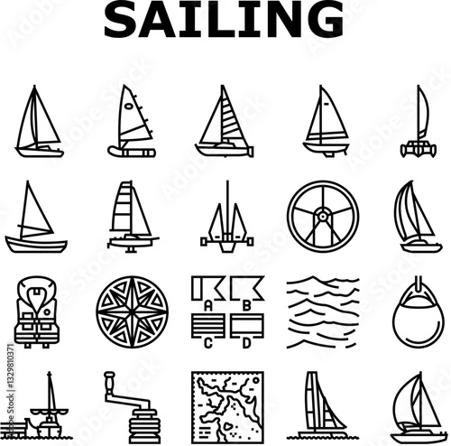 sailing sport yacht regatta icons set vector