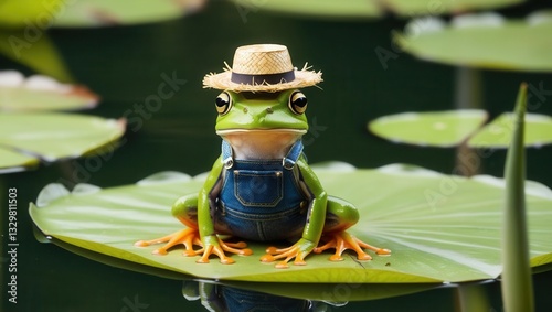 Wallpaper Mural A whimsical frog wearing a straw hat and overalls sits comfortably on a lily pad in a serene pond environment. Torontodigital.ca
