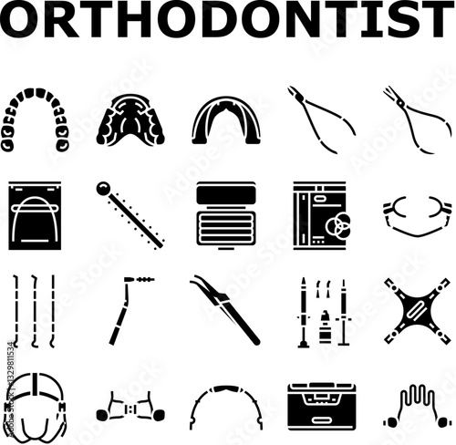 orthodontist accessories braces icons set vector