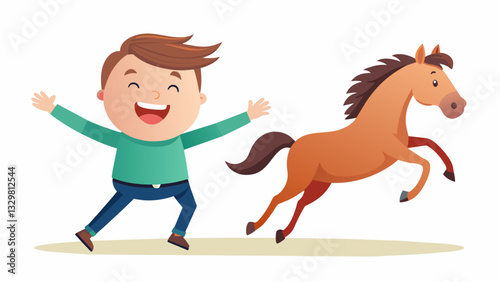 A teenage boy with Down syndrome giggles uncontrollably as his horse speeds up into a trot his arms stretched out wide for balance.. Vector illustration