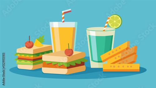 An assortment of mini sandwiches crunchy veggie sticks and refreshing lemonade make for the perfect beach day snack basket.. Vector illustration