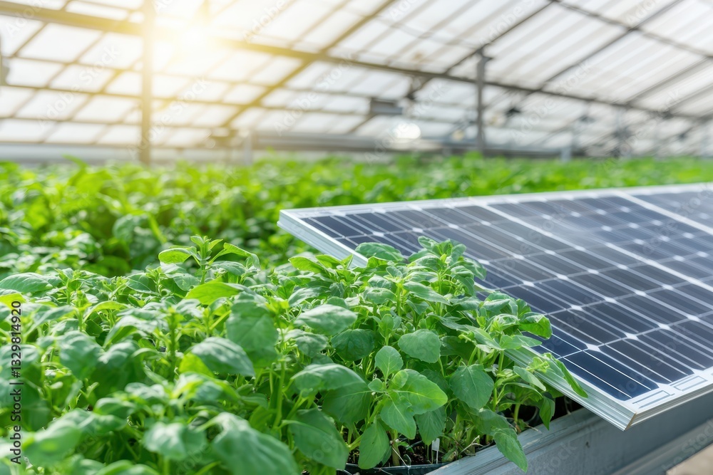 Fototapeta premium A greenhouse filled with vibrant green plants, complemented by a solar panel, showcasing sustainable agriculture and renewable energy.