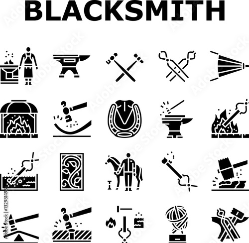 blacksmith forge anvil hammer icons set vector