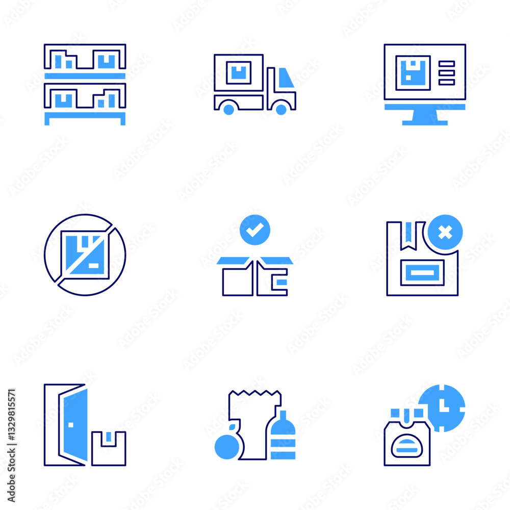 Delivery icon set. Bold line style. Duotone colors. Editable stroke. delivery, deliverybox, deliverytruck, check, fooddelivery Delivery icon set. Bold line style. Duotone colors. Editable stroke. delivery, deliverybox, deliverytruck, check, fooddelivery