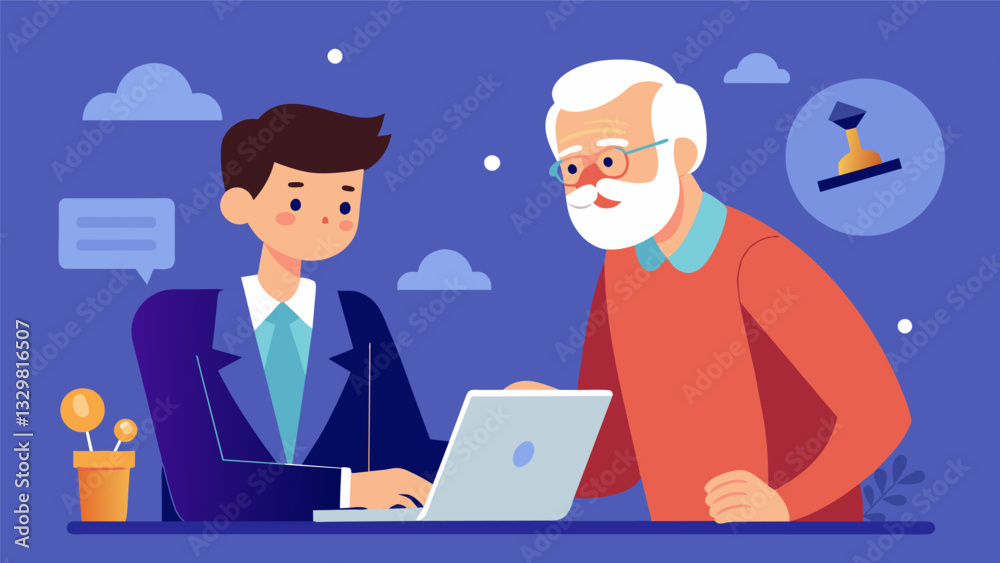 A retired CEO advising a young entrepreneur on business strategy and leadership skills.. Vector illustration A retired CEO advising a young entrepreneur on business strategy and leadership skills.. Vector illustration