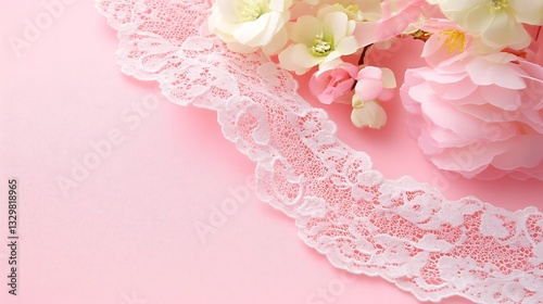 Delicate white lace and pink flowers on a pink background