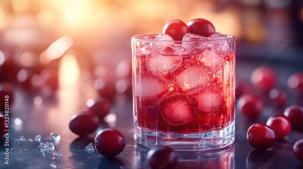 A glass of cranberry cocktail with ice and cherries