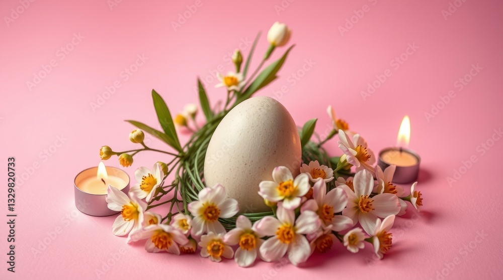 Peaceful Easter Egg Nest with Flowers and Candles Peaceful Easter Egg Nest with Flowers and Candles
