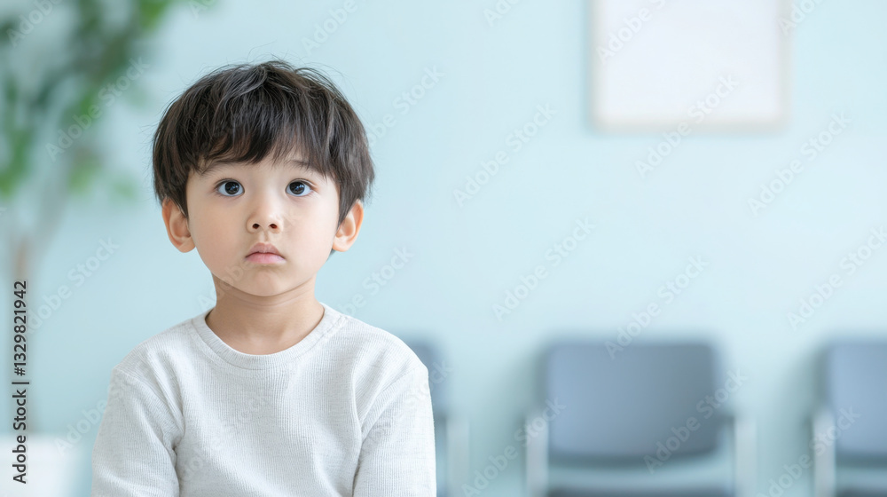 child sitting in waiting room, looking concerned and thoughtful. calm environment features soft colors and empty chairs, creating serene atmosphere child sitting in waiting room, looking concerned and thoughtful. calm environment features soft colors and empty chairs, creating serene atmosphere