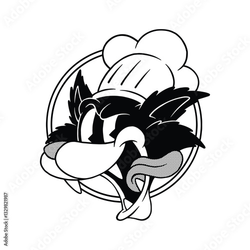 retro cartoon wolf head chef emblem