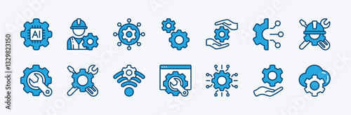 Set of engineering technology icon vector. Containing engineer, machinery, circuit, chips, manufacturing, mechanical, technician, worker, industrial, engine, maintenance, setting, process, cogwheel