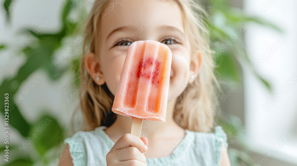 Refreshing Icy Fruit Popsicles for Kids, smiling girl enjoys refreshing fruit popsicle on sunny day Refreshing Icy Fruit Popsicles for Kids, smiling girl enjoys refreshing fruit popsicle on sunny day
