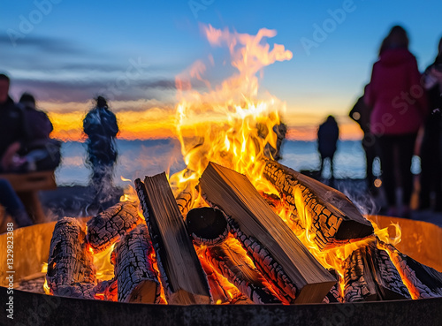 A vibrant and mystical Walpurgis Night celebration by the beach bonfire, where people gather, singing and dancing around the fire as the night deepens into a beautiful sunset.