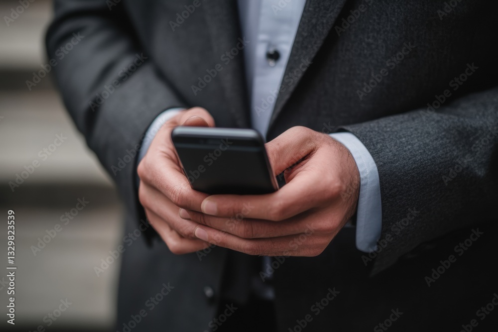 Closeup of male hands using smart phone, blurred trendy background. Man in business suit use mobile phone. Day light. Unrecognizable person touching smartphone screen. Businessman holding cellphone Closeup of male hands using smart phone, blurred trendy background. Man in business suit use mobile phone. Day light. Unrecognizable person touching smartphone screen. Businessman holding cellphone