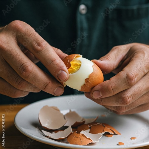 Man eating hard boiled egg, only show hands