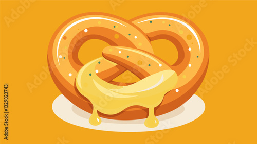 A warm fluffy soft pretzel served with tangy mustard and gooey cheese sauce for a comforting and filling meal.. Vector illustration