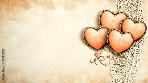Four hearts and delicate lace decorate this vintage themed image
