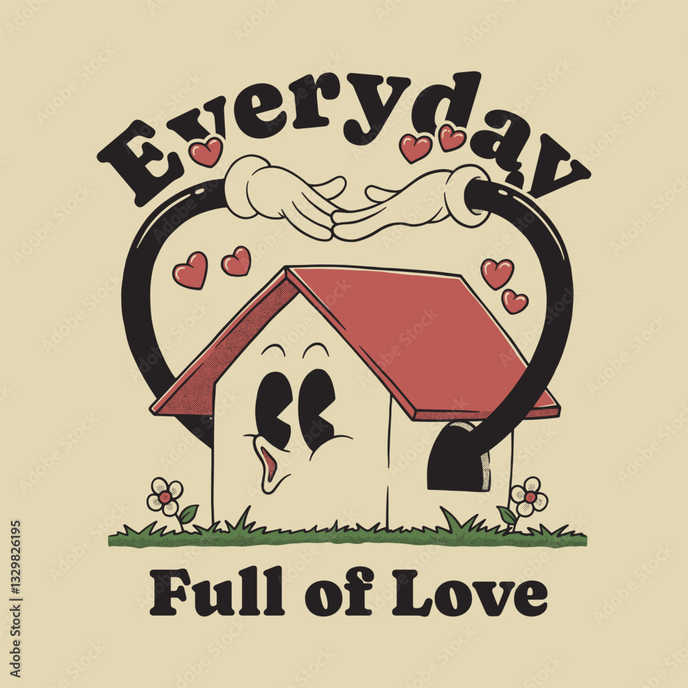 retro cartoon house with arms forming a heart