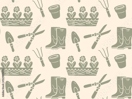 Pen drawing pattern of gardening tools and plants, featuring flower box, shovel, shears, boots, and pot, ideal for garden decor, nature crafts, and outdoor themes